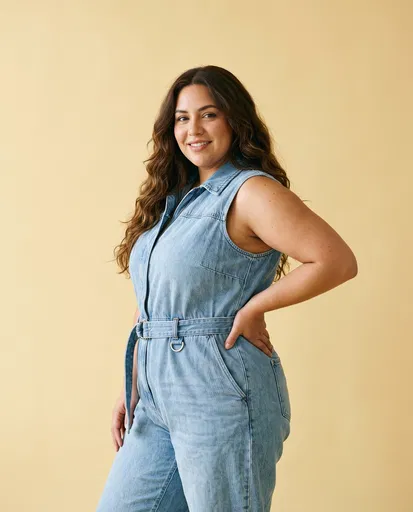 Plus-Size Woman in Denim Jumpsuit