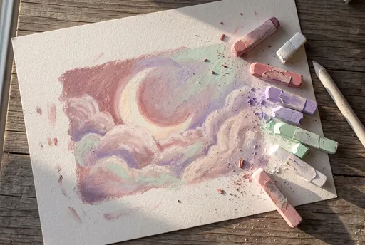 Pastel Crescent Moon Drawing Flat Lay