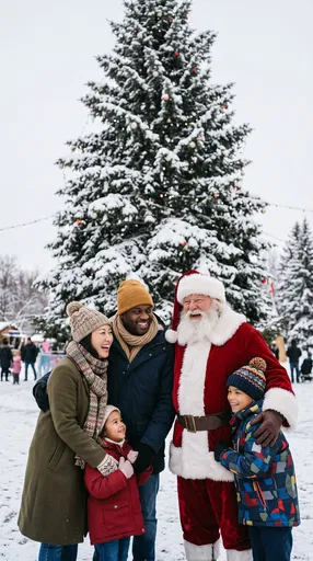 Multicultural Family Laughing with Santa Outdoors