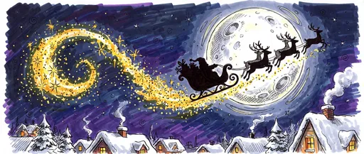 Santa Sleigh Over Snowy Rooftops Illustration