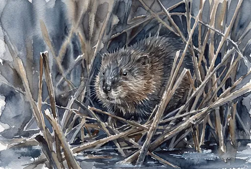 Watercolor Muskrat in Winter Reeds