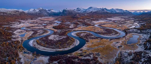 Aerial View of Frosted Autumn River Valley