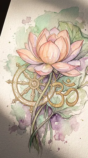 Watercolor Lotus With Dharma Wheel and Om