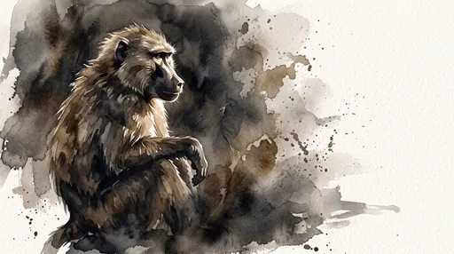 Watercolor Painting of a Seated Olive Baboon