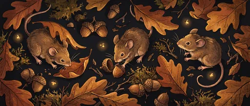 Three Field Mice Foraging in Autumn