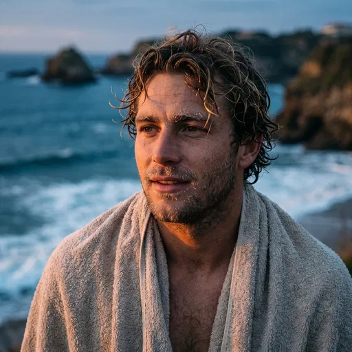 Young Surfer Wrapped in Towel at Dusk
