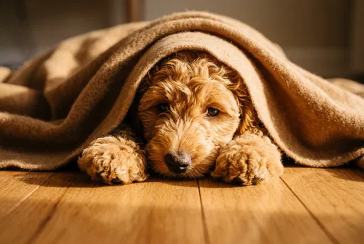 Goldendoodle Puppy Under Warm Blanket