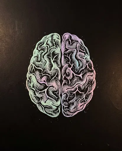 Pastel Scratchboard Brain Illustration on Black