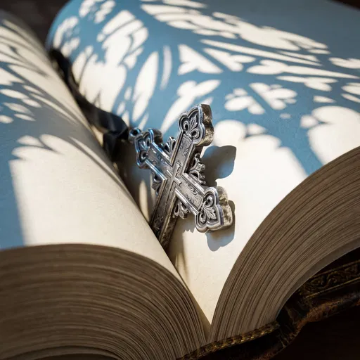 Silver Cross Bookmark in Open Book