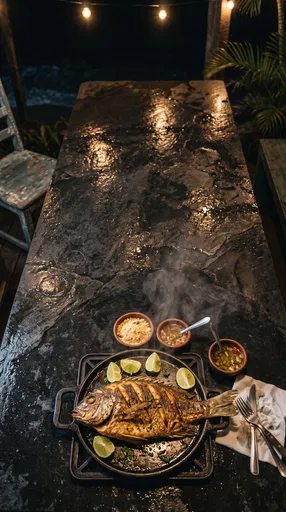 Fried Fish Platter on Dark Stone Table