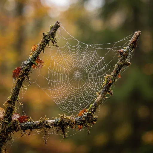 Dew Covered Spiderweb on Mossy Twigs