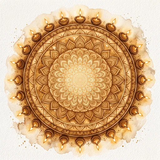 Golden Watercolor Diwali Mandala and Lamps
