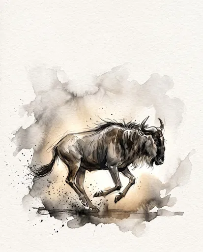 Watercolor Illustration of Running Gnu Antelope