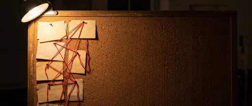 Mystery Corkboard With Red Yarn and Lamp