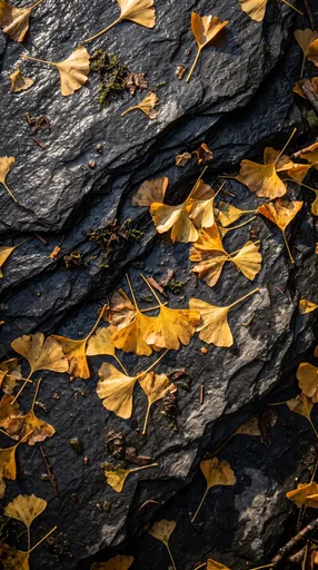 Golden Ginkgo Leaves on Wet Slate