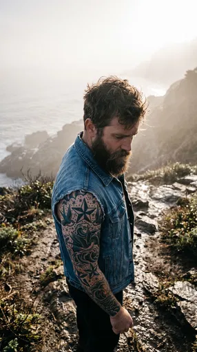 Bearded Man with Nautical Tattoo on Coast