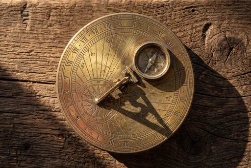 Antique Brass Sundial Compass on Wood