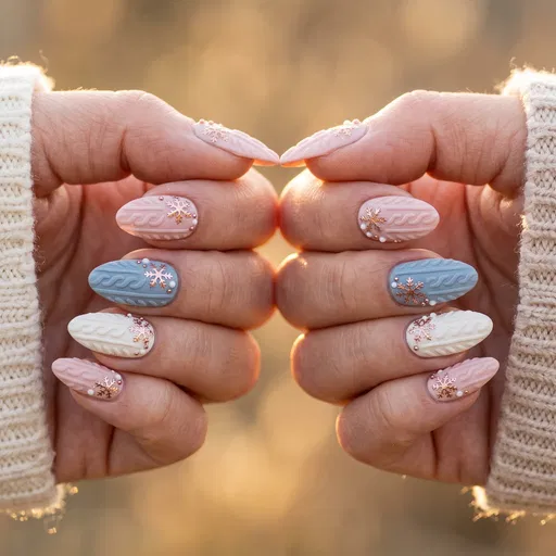 Close-Up of Pastel Winter Sweater Nail Art