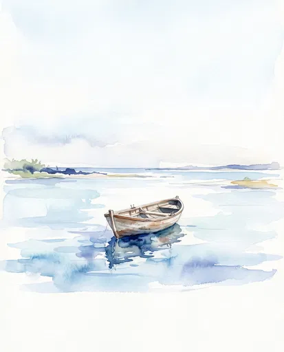 Watercolor Wooden Rowboat on Calm Lagoon