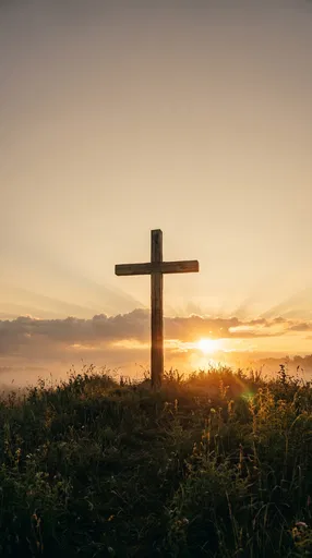 Wooden Cross on Hilltop at Sunrise