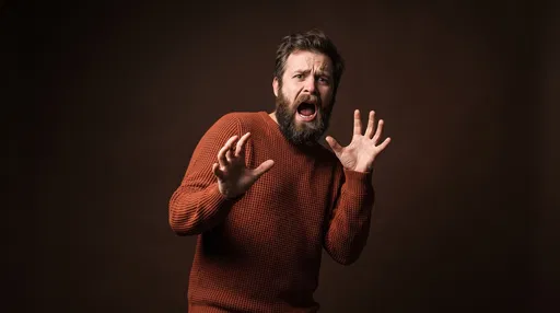 Terrified Bearded Man Screaming in Studio