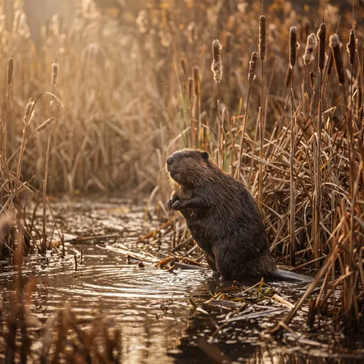 Beaver Standing in Golden Autumn Wetland