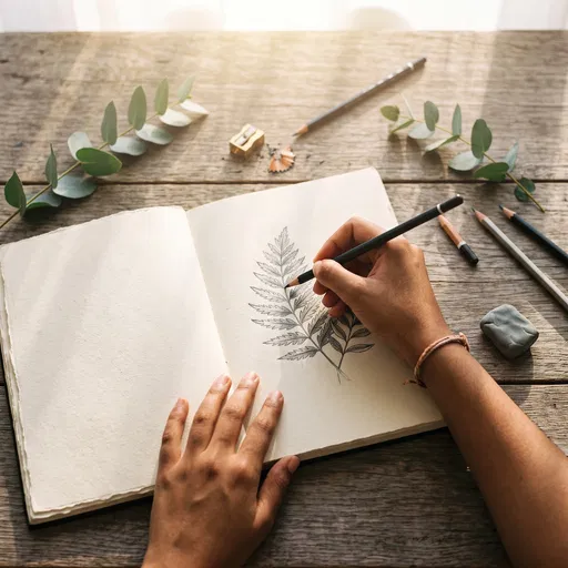 Hands Sketching Botanical Leaf in Sketchbook