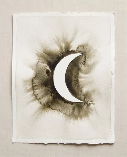 Sepia Watercolor Crescent on Deckled Paper