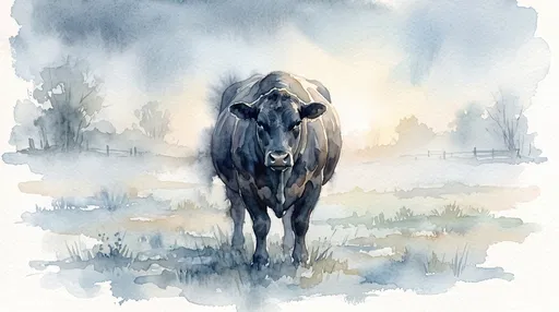 Watercolor Black Angus Bull in Misty Pasture