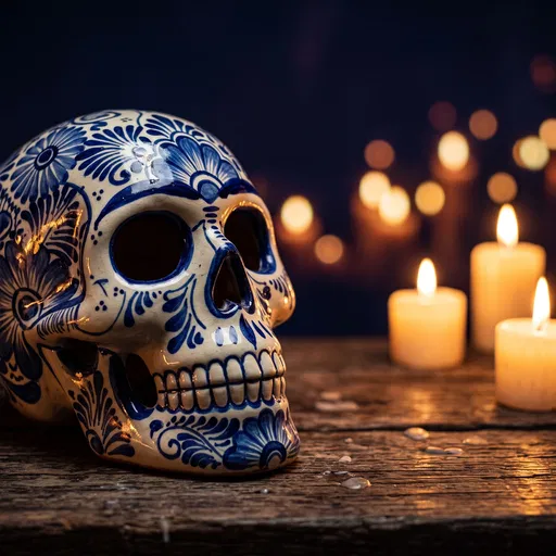 Blue and White Talavera Ceramic Skull