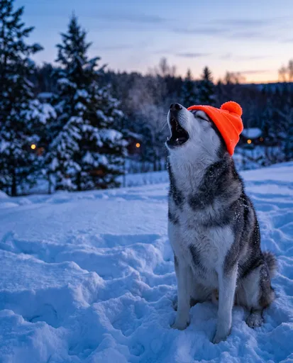 Husky in Orange Beanie Howling in Snow