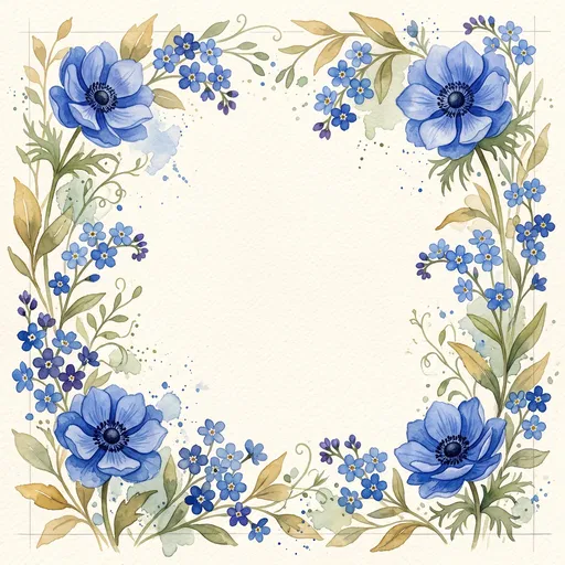 Watercolor Blue Anemone Floral Frame