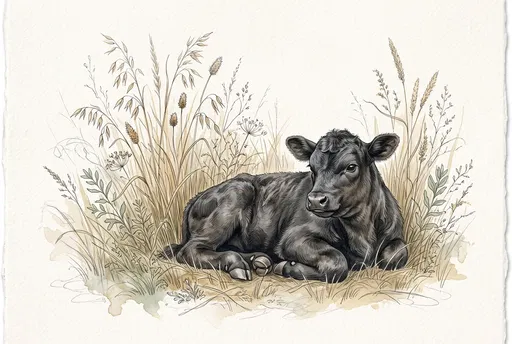 Watercolor Illustration of Black Angus Calf
