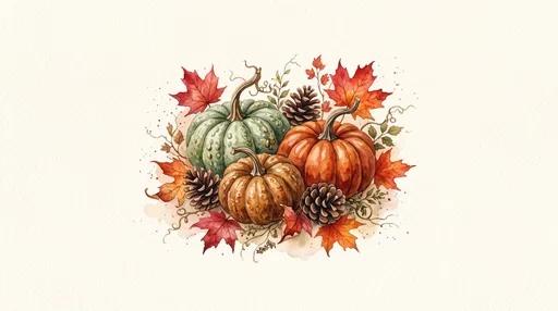 Watercolor Autumn Pumpkins and Leaves Illustration
