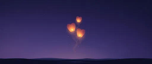 Glowing Heart Lanterns in Night Sky