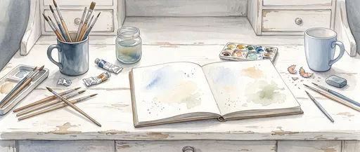 Watercolor Illustration of Artist Desk