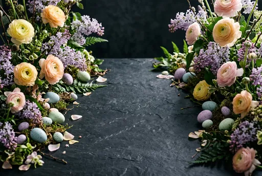 Pastel Spring Flowers and Eggs on Slate