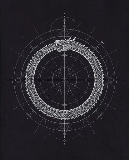 White Ink Ouroboros Serpent Geometric Drawing