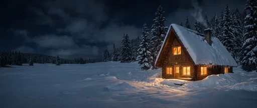 Glowing Winter Cabin at Night