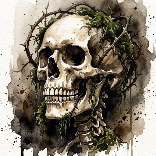 Watercolor Skull With Moss and Thorns