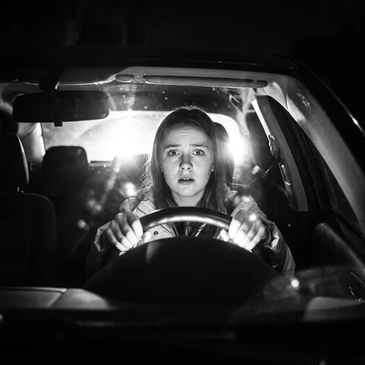 Scared Teenage Girl in Car at Night