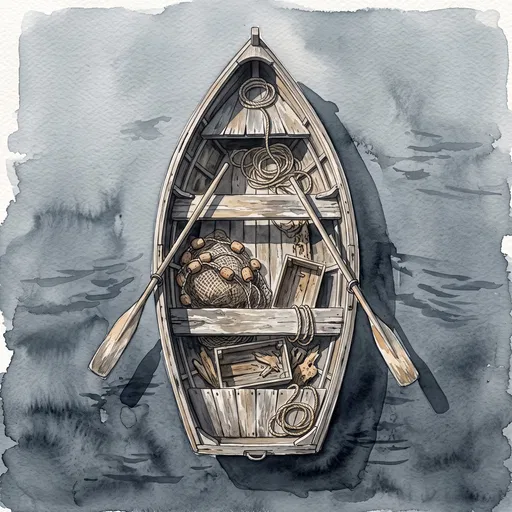 Top-Down Watercolor Wooden Fishing Rowboat