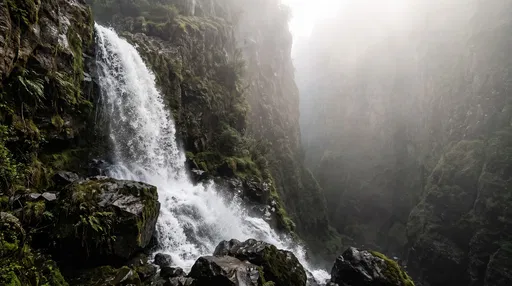 Misty Canyon Waterfall and Mossy Boulders