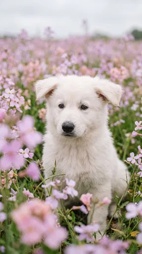 White Shepherd Puppy in Pink Wildflower Field