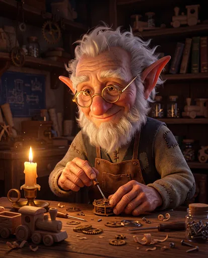 Elderly Elf Tinkerer at Candlelit Workbench