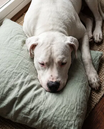 White Dogo Argentino Resting on Cushion