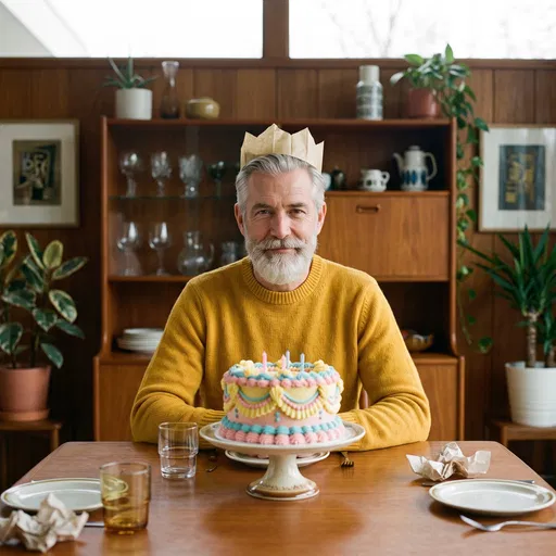 Senior Man Celebrating Birthday With Retro Cake