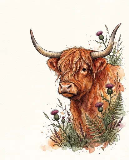 Watercolor Scottish Highland Ox with Thistles