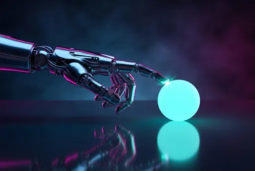 Chrome Robotic Hand Touching Glowing Sphere