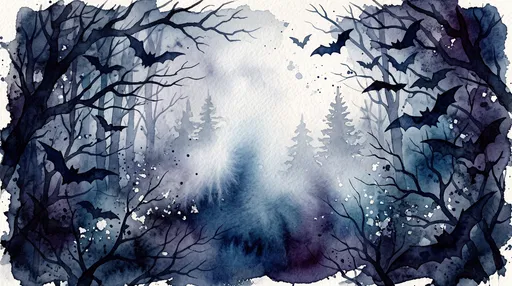 Watercolor Spooky Midnight Forest with Bats